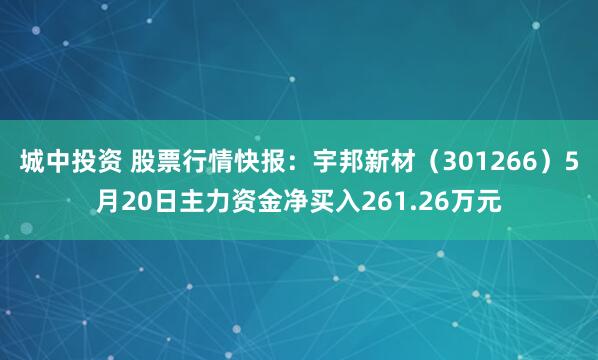 城中投资 股票行情快报：宇邦新材（301266）5月20日主力资金净买入261.26万元